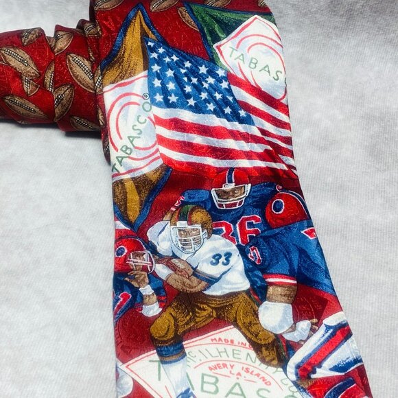 Tabasco Tie With Football Players American Flag & Footballs 100% Silk  Made In U - Picture 3 of 7